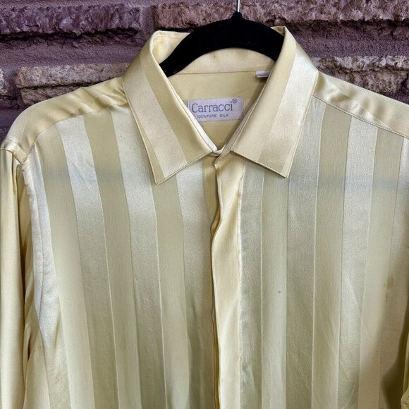 Carracci Vintage Yellow Tone on Tone Striped 100% Silk Disco Shirt Size M As IS - Picture 8 of 9
